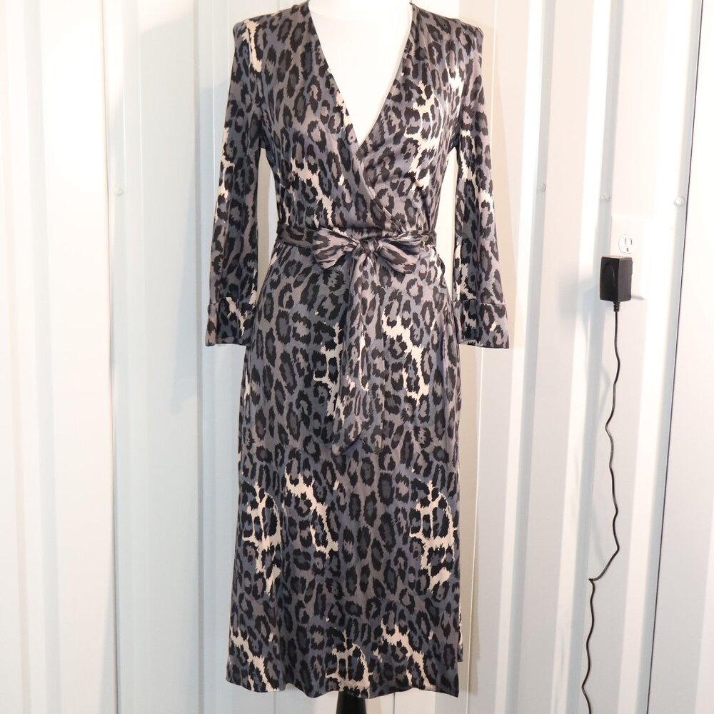Diane Von Furstenberg Black and Gray Leopard Print Wrap Midi Dress